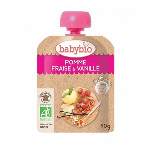 Babybio Био плодов мус за бебета Ябълка, Ягода и Ванилия 6м. 90г