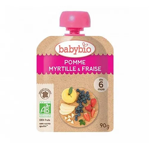 Babybio Био плодов мус за бебета Ябълка, Ягода и Боровинка 6м. 90г