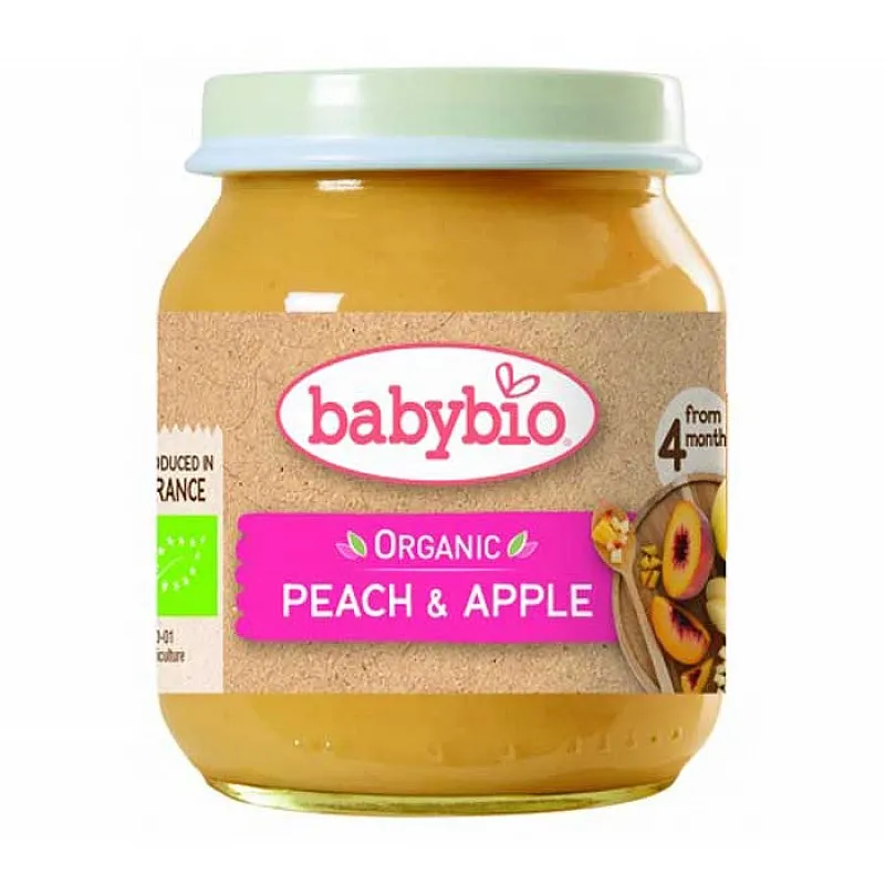 Babybio Био плодово пюре с праскови и ябълки 4м. 130г