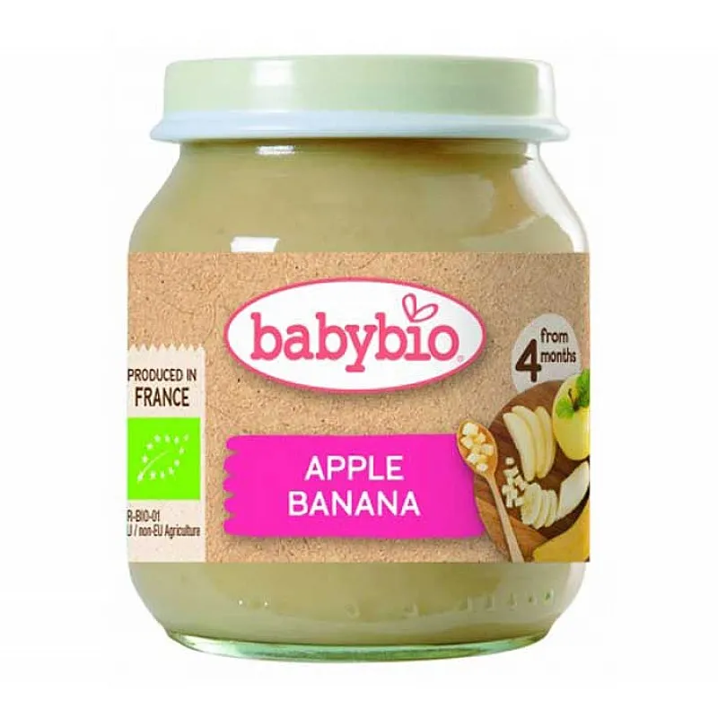 Babybio Био плодово пюре с ябълка и банан 4м. 130г