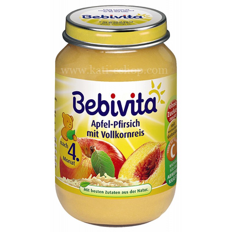 BEBIVITA Ябълка с праскова и пълнозърнест ориз 4м. 190г BEBIVITA Ябълка с праскова и пълнозърнест ориз 4м. 190г