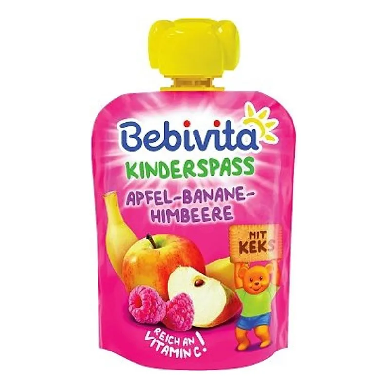 BEBIVITA Забавна плодова закуска Ябълка, банан и малини с бисквити 12м. 90г BEBIVITA Забавна плодова закуска Ябълка, банан и малини с бисквити 12м. 90г