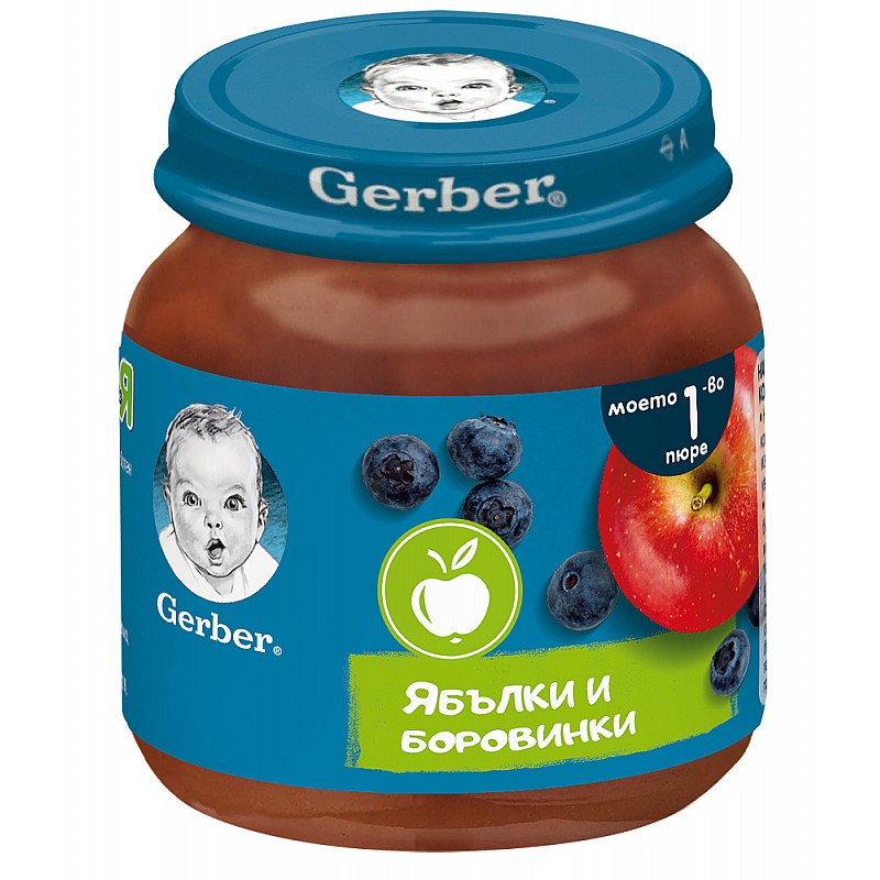 GERBER Пюре ябълки и боровинки 4м. 125г GERBER Пюре ябълки и боровинки 4м. 125г