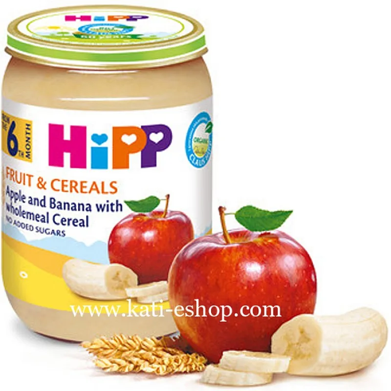 HiPP БИО Ябълки и банани с пълнозърнести култури 6м. 190г