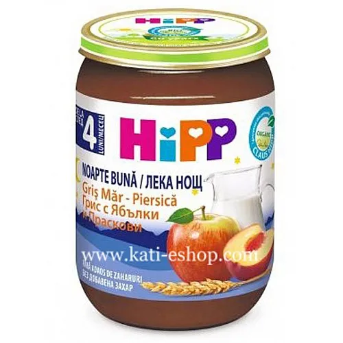 HiPP Млечна каша Лека нощ грис с ябълки и праскови 4м. 190г