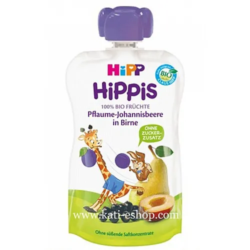 HiPP БИО Забавна плодова закуска Круши, сливи и касис 6м. 100г