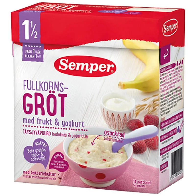 Semper Пълнозърнеста каша с банани, малини и йогурт с бифидус ефект 18м.+ 470г