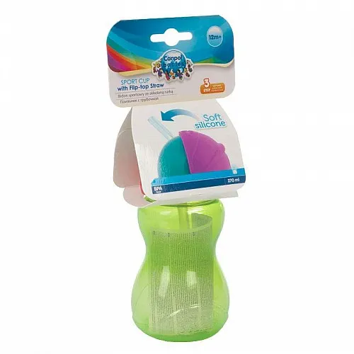 Canpol Преходно шише с мека сламка и капаче 270 мл 12м+ - зелено