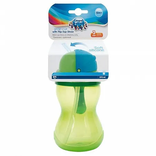 Canpol Преходно нетечащо шише с мека сламка 370 мл 12м+ - зелено
