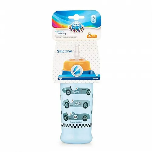 Преходна чаша със сламка Canpol babies, Racing, синя с коли, 350 мл, 12м+