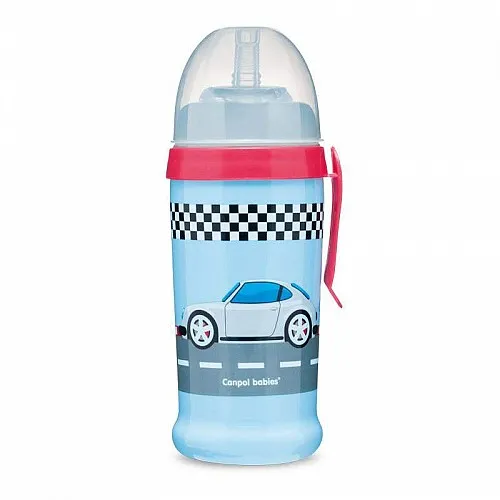 Преходна чаша със сламка Canpol babies, Racing, синя с кола, 350 мл, 12м+  