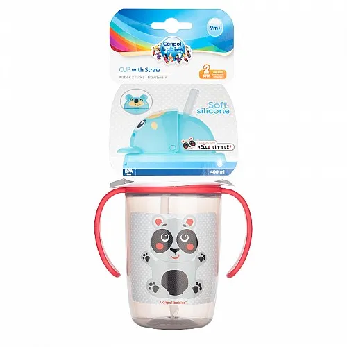Canpol Неразливаща се чаша с дръжки и силиконова сламка Happy Little 400 мл 9м+