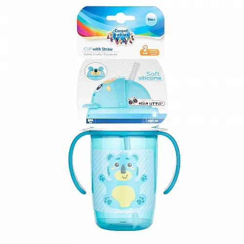 Canpol Неразливаща се чаша с дръжки и силиконова сламка Happy Little 400 мл 9м+ - тюркоаз