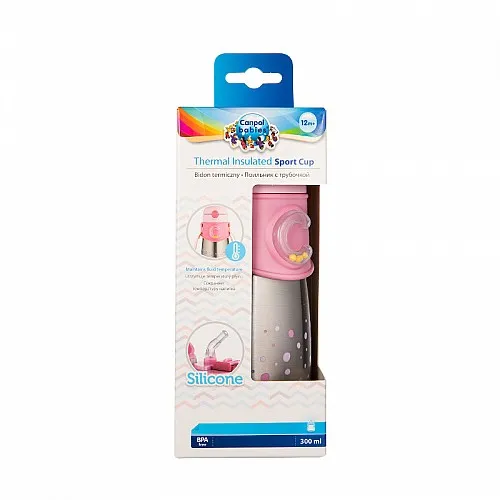 Canpol Чаша - термос със силиконова сламка 300 мл - розова
